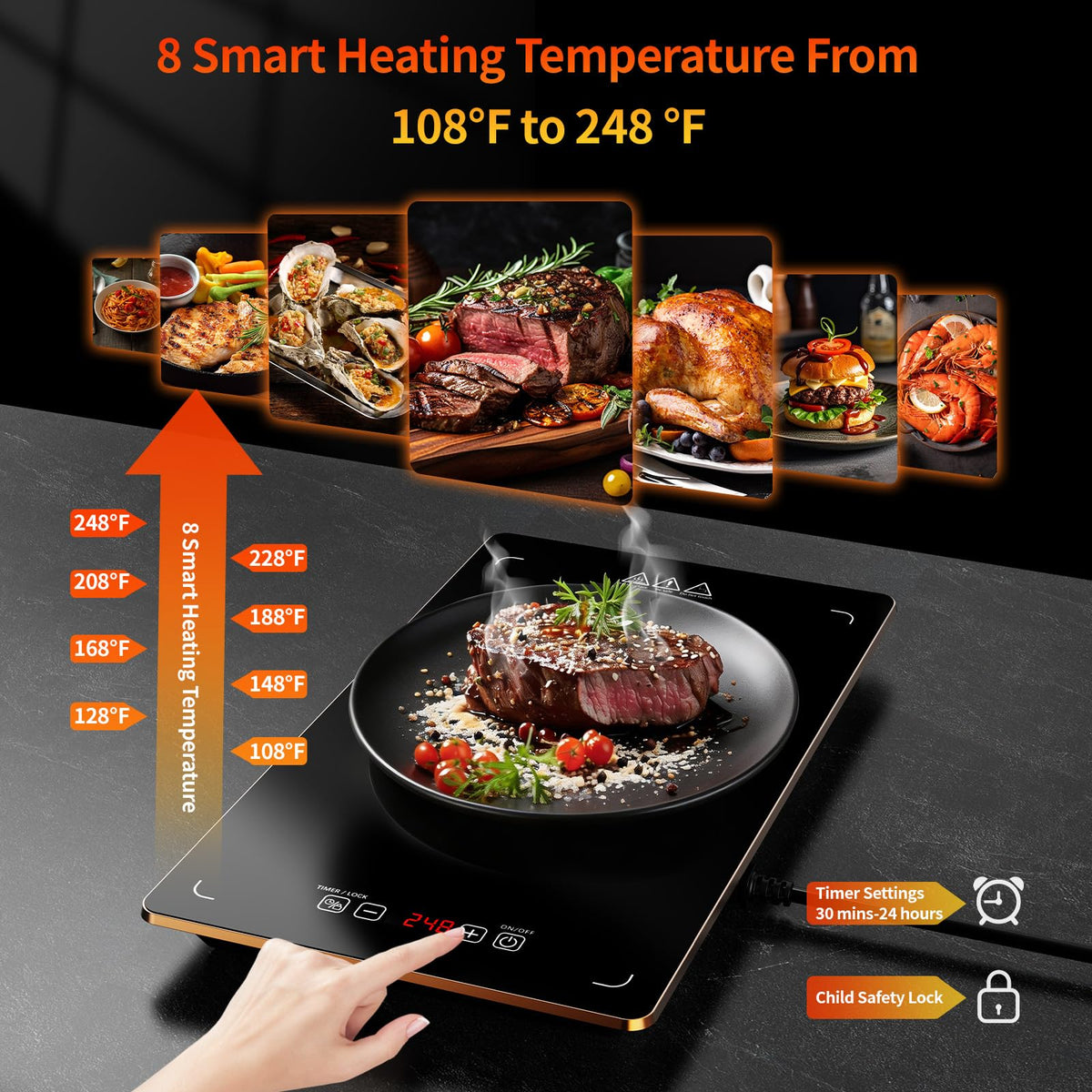 Hetorosu Modular Warming Tray, 33x15 Inch, Black Tempered Glass