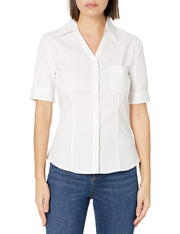 Uniforms Juniors Short Sleeve Stretch Poplin Blouse – Rayon, White, Model E9356JL-White-Medium