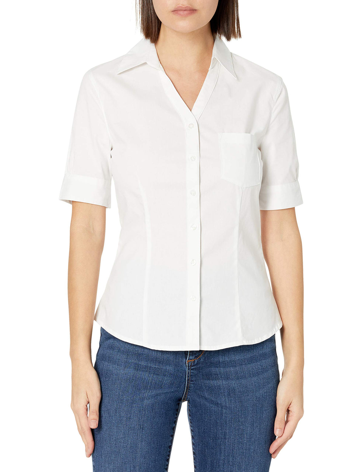 Uniforms Juniors Short Sleeve Stretch Poplin Blouse – Rayon, White, Model E9356JL-White-Medium