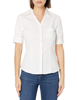 Uniforms Juniors Short Sleeve Stretch Poplin Blouse – Rayon, White, Model E9356JL-White-Medium