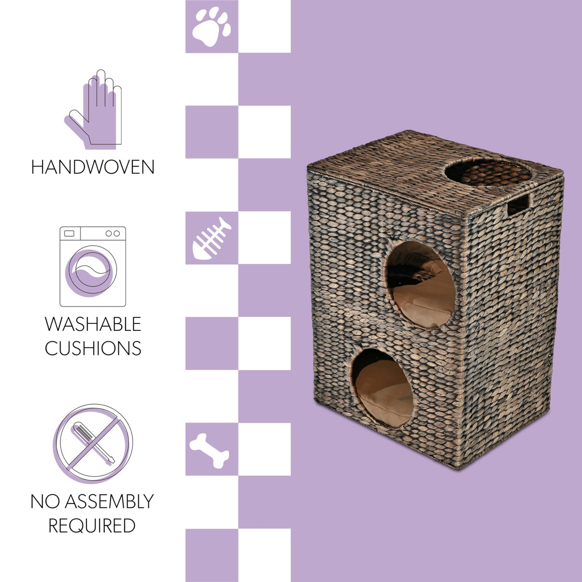 Jaxon 18" Modern Classic 2-Tier Handwoven Hyacinth Rectangular 5-Hole Cat Condo with 2 Machine-Washable Cushions by THE LICKER STORE – One Size, Water Hyacinth, Model CHS1000B
