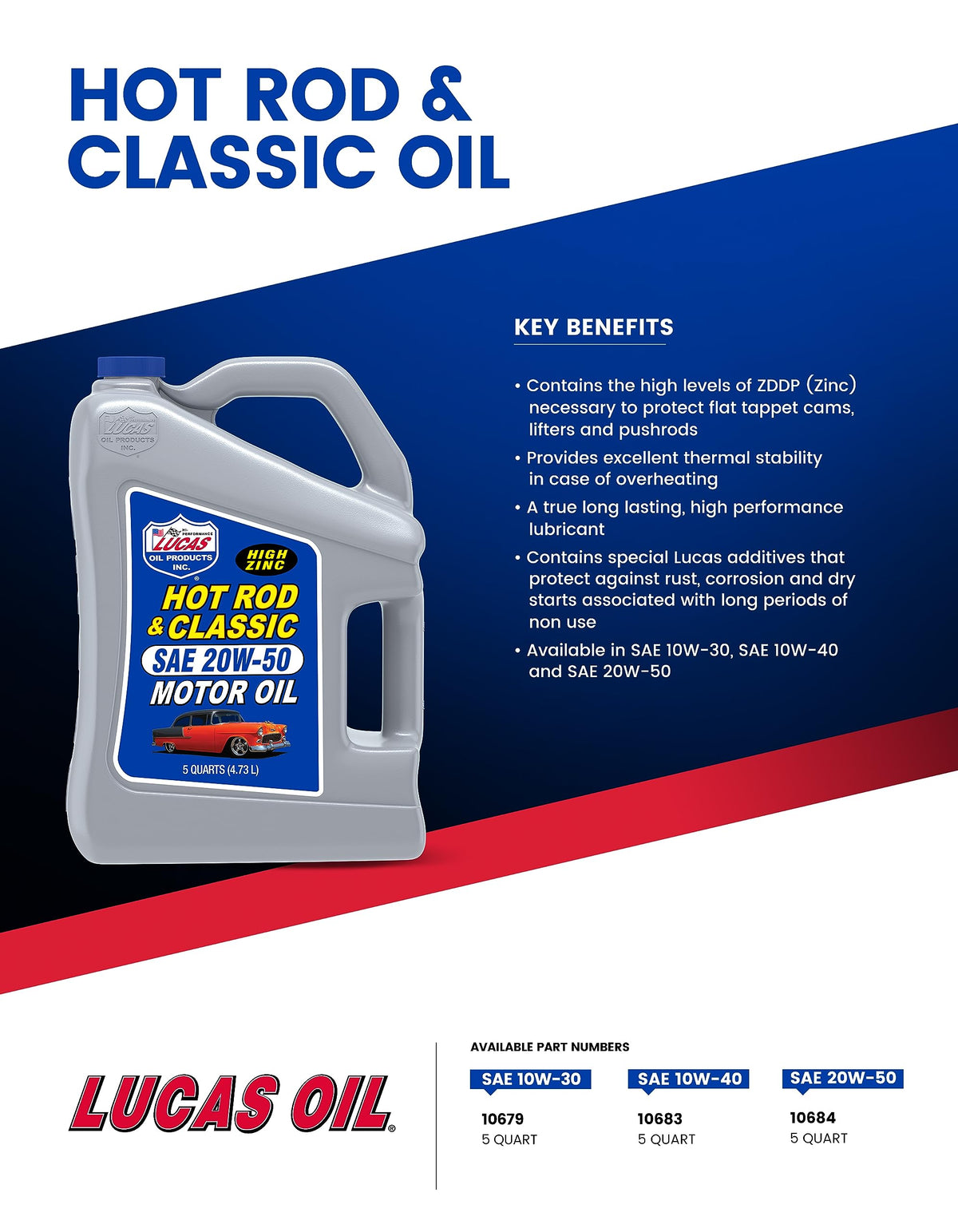 Hot Rod & Classic Car SAE 10W-40 Motor Oil - 5 Quart by Lucas Oil – Pack of 1, Blend, Multi, Model 10683