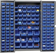 Global Industrial Deep Door Bin Cabinet, Includes 144 Blue Plastic Bins | Padlockable Steel Cabinet, 38"W x 24"D x 72"H, For Tool and Parts Storage, Ships Assembled
