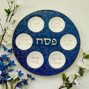 Rite Lite Ceramic Seder Plate, Blue And White Curlicue With Gold Accents, Large