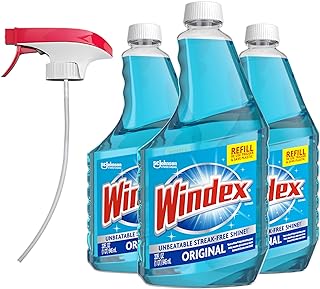 Windex Refill Original Blue Glass and Window Cleaner Bottles + 1 Reusable Spray Trigger, Surface Cleaning Spray, Original Blue Scent, 32 Fl Oz (Pack of 3)