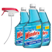Refill Original Blue Glass and Window Cleaner Bottles + 1 Reusable Spray Trigger by Windex – 32 Fl Oz (Pack of 3), Original Glass Cleaner, Pack of 3, Model 343297