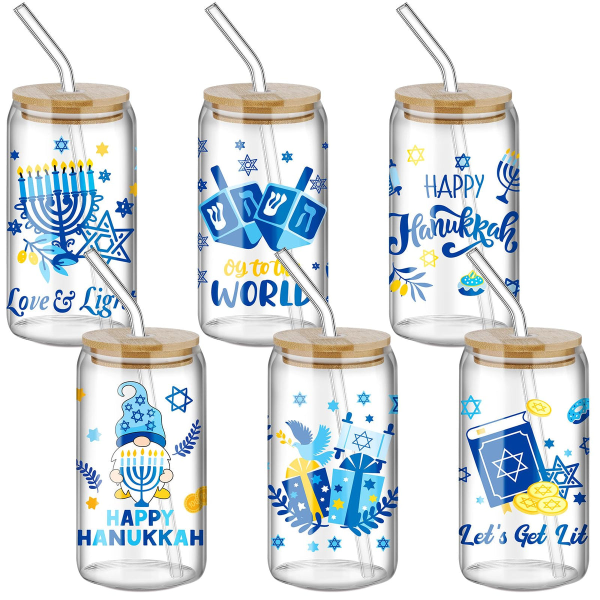 Layhit Hanukkah Glass Tumblers, 16 oz with Lids and Straws, Set of 6