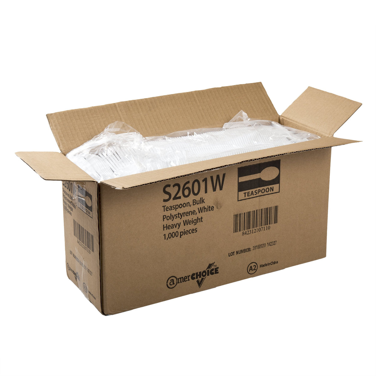 AmerCareRoyal Heavy Weight Unwrapped Disposable Polystyrene Plastic Teaspoons for Restaurants and Catering – Paper, White, Pack of 1000, Model S2601W-C
