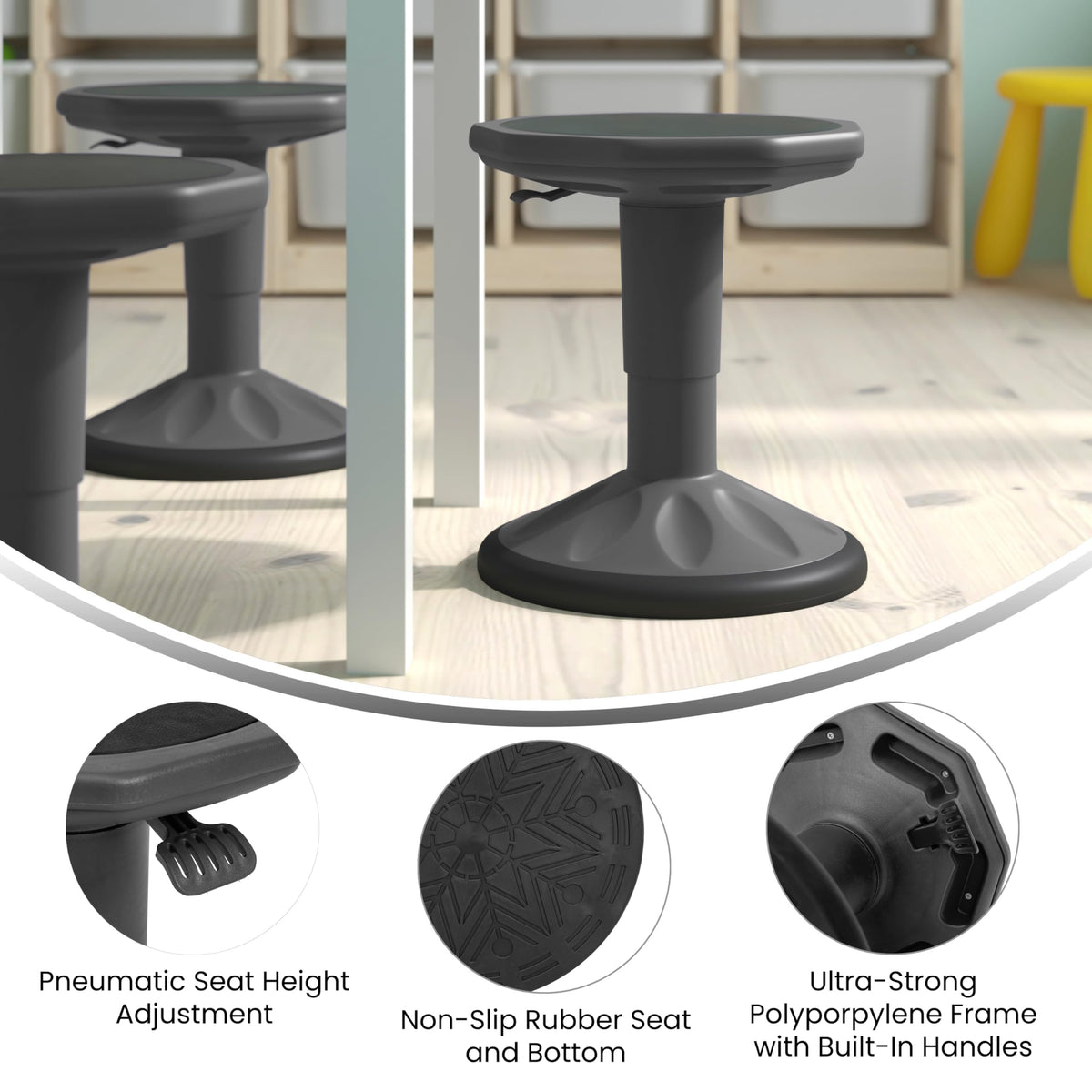 Kids 14-18 in Adjustable Stool with Non-Skid Bottom by Flash Furniture – Set of 1, Rubber, Polypropylene, Thermoplastic, Grey, Model AY-9001S-GY-GG