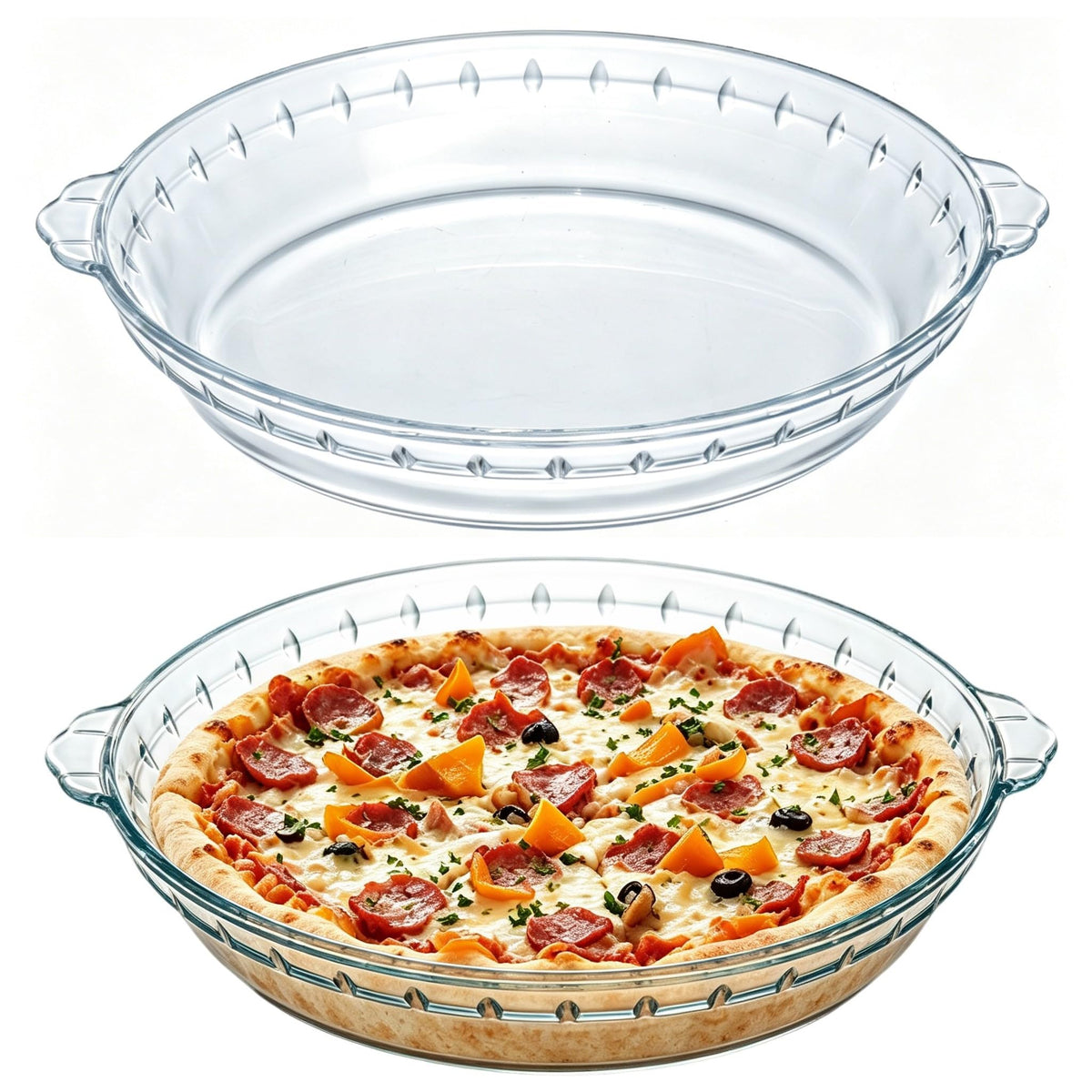 Holiban Glass Pie Plates, 9.5 Inch Deep Dish with Handles, Set of 2, Clear