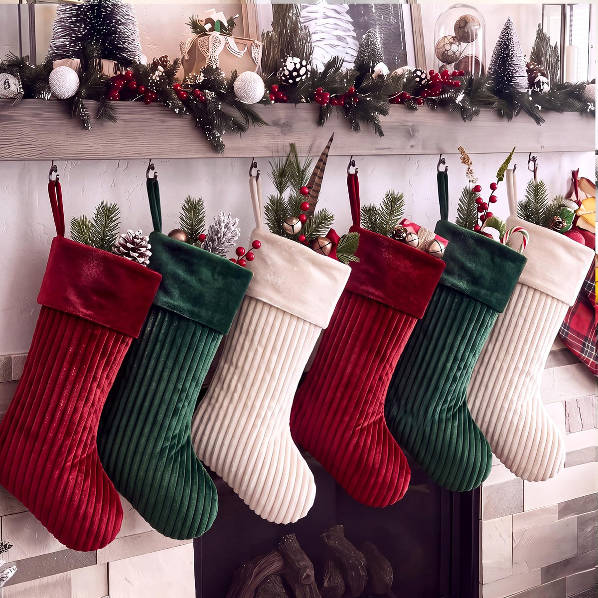 Teyva Daily Christmas Stockings, 19 Inch Velvet Quilted, Red Beige Green Set of 6