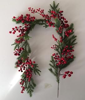 Set of 12 Red Berries and Green Branches Garland