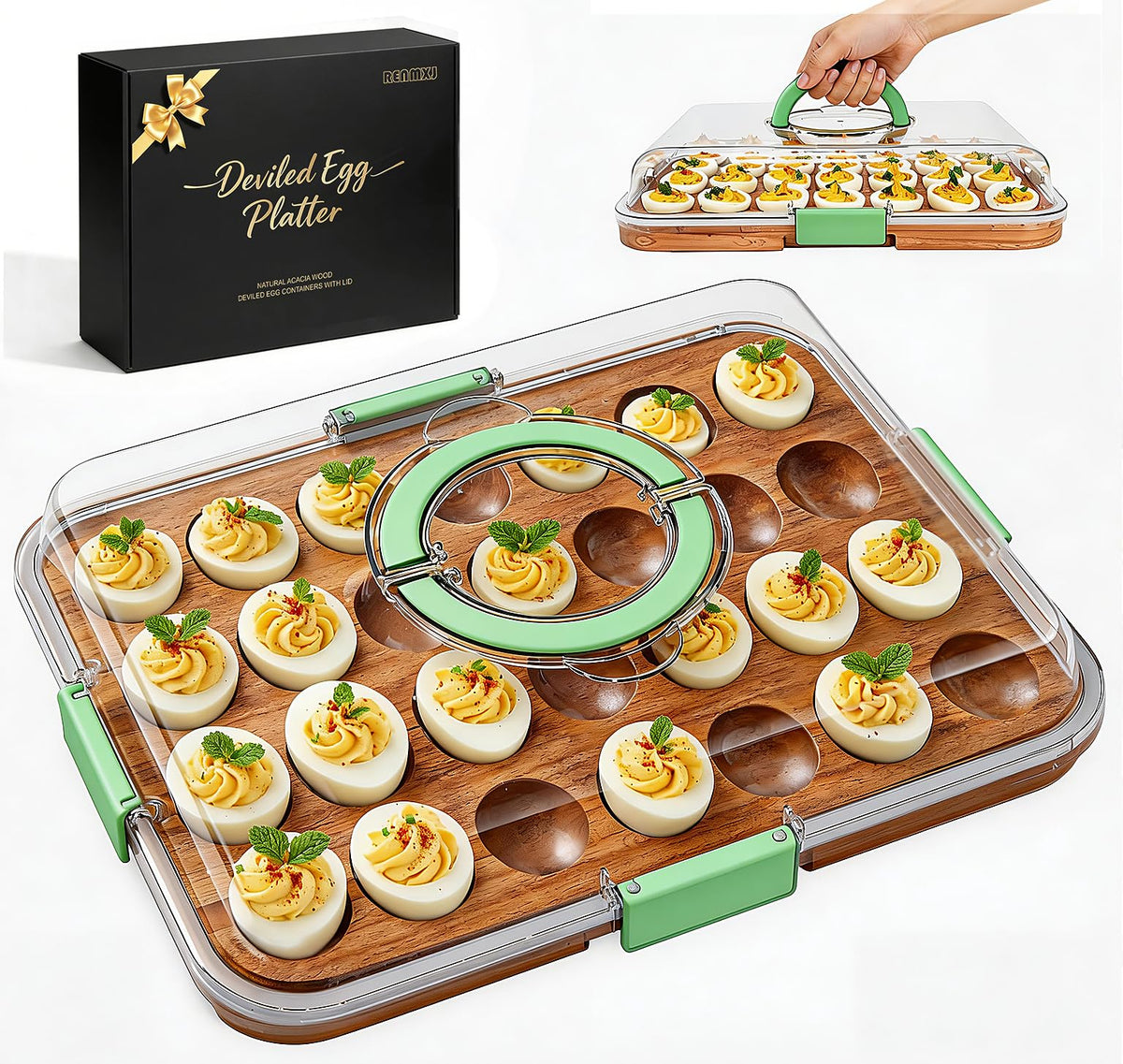 Renmxj Deviled Egg Tray with Lid, Acacia Wood Base, 28 Slots, Green