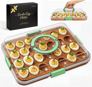 Renmxj Deviled Egg Tray with Lid, Acacia Wood Base, 28 Slots, Green