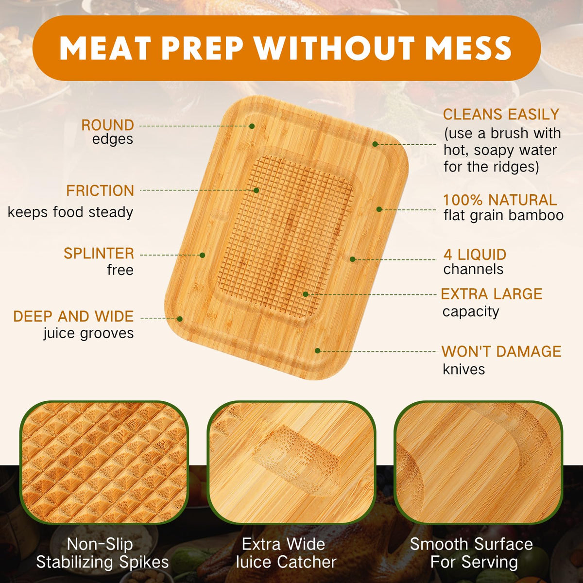 Patelai Bamboo Carving Board, 16 Inch with Juice Groove and Spikes, Natural