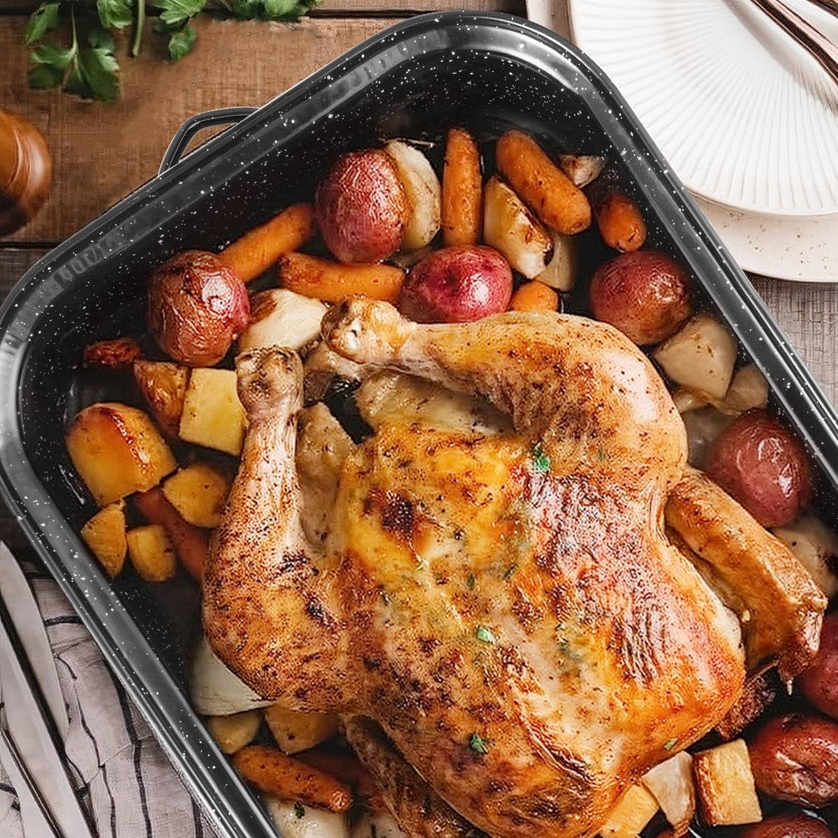 JY Cookment Roasting Pan With Rack and Lid, 21 Inch Rectangular, Black