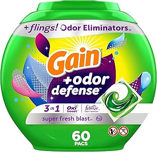 Gain Flings Laundry Detergent Pacs with Odor Defense, 60 Count, Super Fresh Blast Scent, HE 3in1 Detergent Pacs with Febreze and Oxi