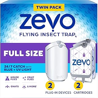 ZEVO Flying Insect Trap for Fruit Flies & Gnats, 2 Plug-in Bases, 2 Refills | Catches Fruit Flies & Gnats Near Fruit Bowls & Trash Bins, Spray-Free, Odor-Free, Blue & UV Light Trap, Safe for Kids & Pets*