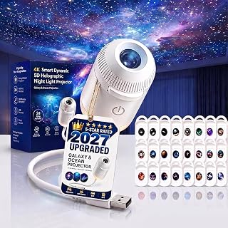 2027 Upgraded Hd Smart Dynamic 5d Holographic Night Light Projector - Plug and Play Hd Star Projector, 360° Adjustable Galaxy and Ocean for Bedroom Ceiling，24 Projection Films