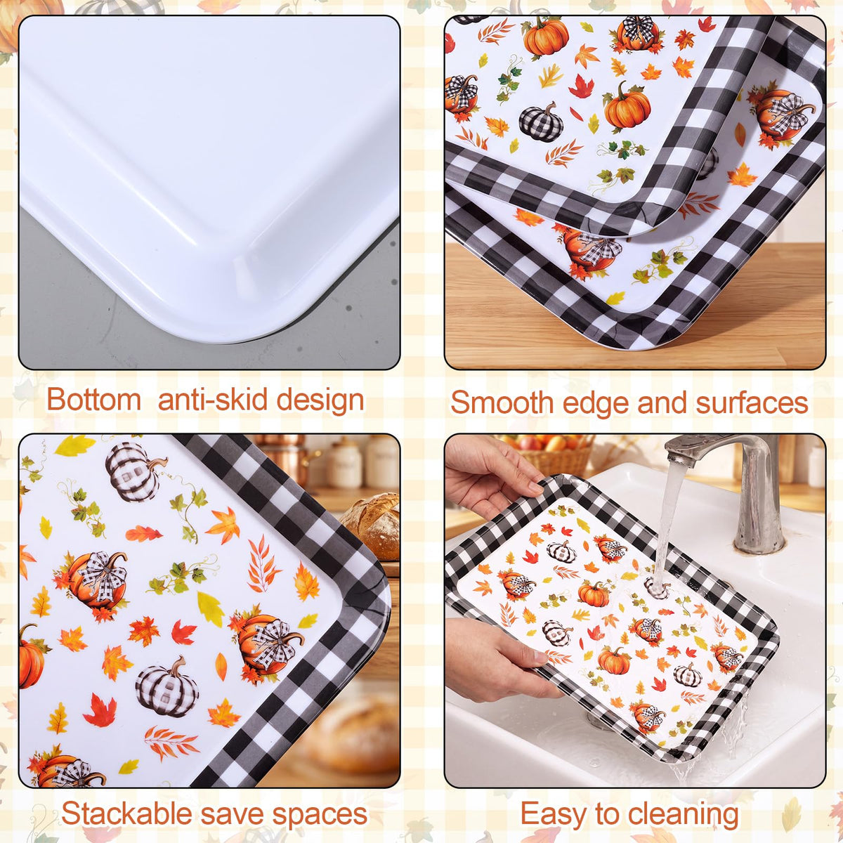 Vesici Melamine Serving Trays, 13 x 9.6 Inch Set of 3, Buffalo Plaid Pumpkin