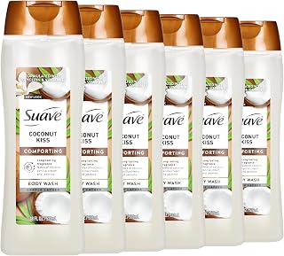 Suave Moisturizing Body Wash Women, Coconut Kiss with Vitamin E and Aloe Extracts, No Parabens, No Phthalates, 18 Oz (Pack of 6)
