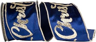 Reliant Ribbon Merry Christmas Bold Glitter Plush Velvet Wired Edge, Navy/Gold, 4 Inch, 10 Yards