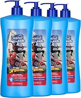 Suave Kids Marvel Spiderman 3 in 1 Shampoo, Conditioner, Body Wash, Fresh Spider Sense, Tear-Free & Gentle, Dermatologist Tested, 4 Count, 28 FL OZ Pump