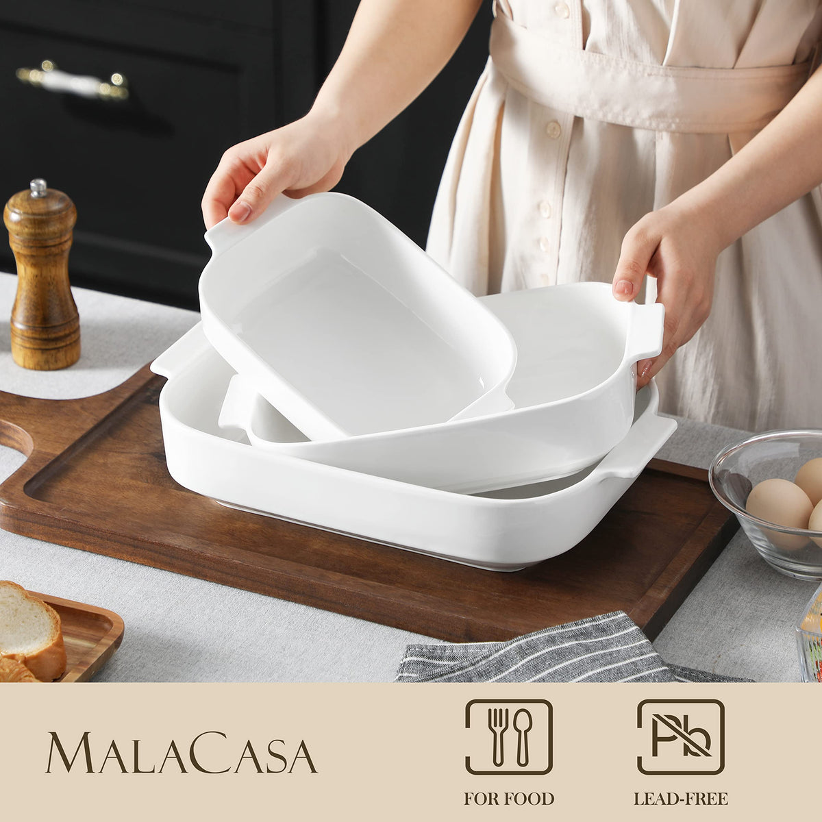 Malacasa Ceramic Casserole Dish Set, Porcelain Bakeware, White, Set of 3