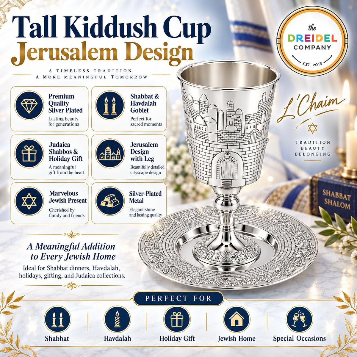 The Dreidel Company Kiddush Cup, 8 Ounces, Jerusalem Design with Leg