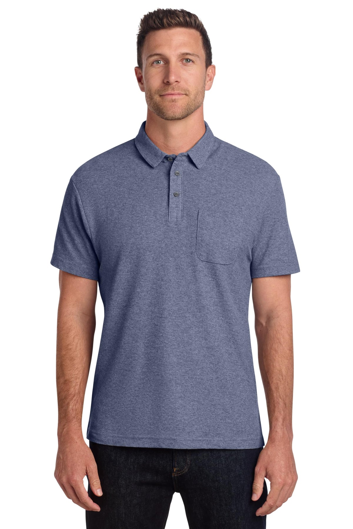 Unisex Recycled Cotton Blend Pique Polo Navy Heather by Port Authority – Large, Polyester, Navy Heather, Model K868
