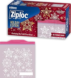 Ziploc Quart Food Storage Bags, Grip 'n Seal Technology for Easier Grip, Open, and Close, 48 Count, Holiday Designs, Packaging May Vary