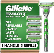 Gillette Mach3 Sensitive Shaving Razor for Men, 1 Handle and 5 Blade Refills, for Sensitive Skin