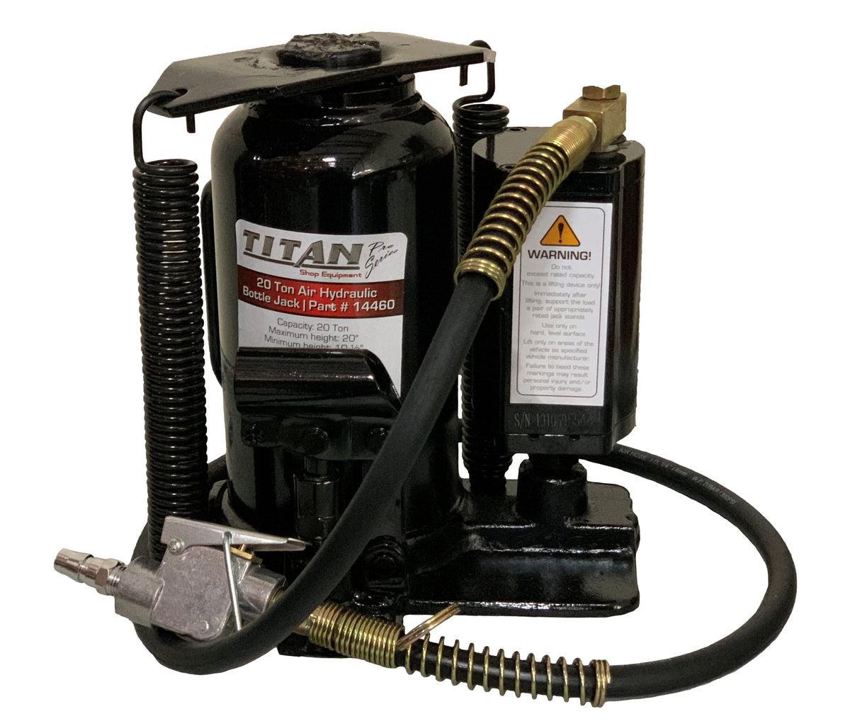 Air Hydraulic Bottle Jack - 20 Ton Capacity by Titan – 9.5"W x 11.5"H, Alloy Steel, Black, Model 14460