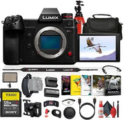 Panasonic LUMIX S1H Full Frame Digital Mirrorless Video & Camera Bag Bundle | For Photography & Video | Photography Software + LED Light + 128GB Memory Card + Tripod + HDMI Cable + Cleaning Kit + More