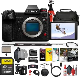 Panasonic LUMIX S1H Full Frame Digital Mirrorless Video & Camera Bag Bundle | For Photography & Video | Photography Software + LED Light + 128GB Memory Card + Tripod + HDMI Cable + Cleaning Kit + More