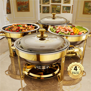 KScocina Round Chafing Dish Set, 5QT Stainless Steel, Golden 4 Pack