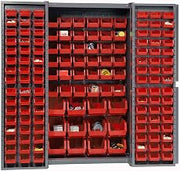 Global Industrial Deep Door Bin Cabinet, Includes 144 Red Plastic Bins