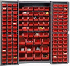 Global Industrial Deep Door Bin Cabinet, Includes 144 Red Plastic Bins