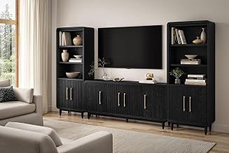 Martin Furniture Modern 72" TV Console with Two Bookcases, Four Door Entertainment Stand, Wood Accent Cabinet/Credenza, Fully Assembled, Black