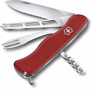 Victorinox Cheese Master Swiss Made Pocket Knife with Fondue Fork, Red | Compact folding knife features 8 functions including wavy edge lock blade, cheese blade, and integrated fondue fork.