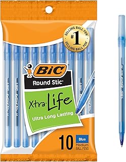 BIC Round Stic Xtra Life Blue Ballpoint Pens, 10-Count Pack, 1.0mm