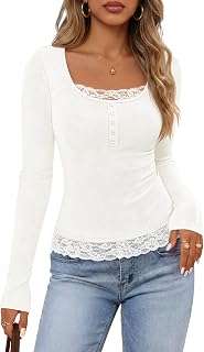 Womens Fall Lace Trim Tops Cute Long Sleeve Scoop Neck Shirt 2026