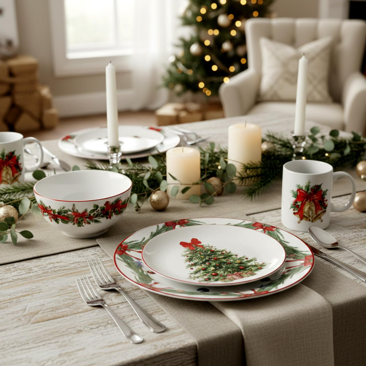 Pickmesh Christmas Dinnerware Set, 16 Piece Ceramic Service for 4