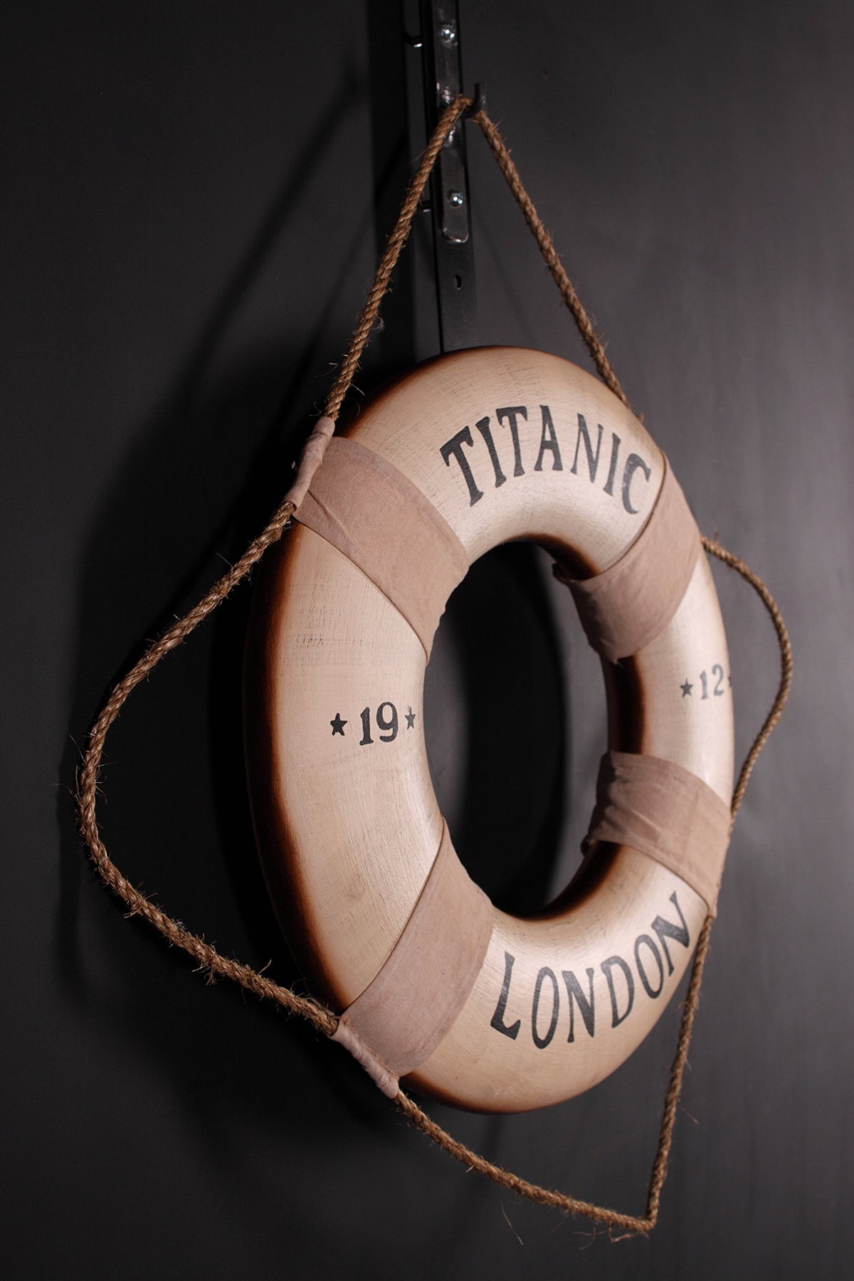 Titanic Life Preserver by AFD Home – 18 DIA X 2D, Fiberglass, Rope, Rope, Off-white, Black, Model T-OTBTL