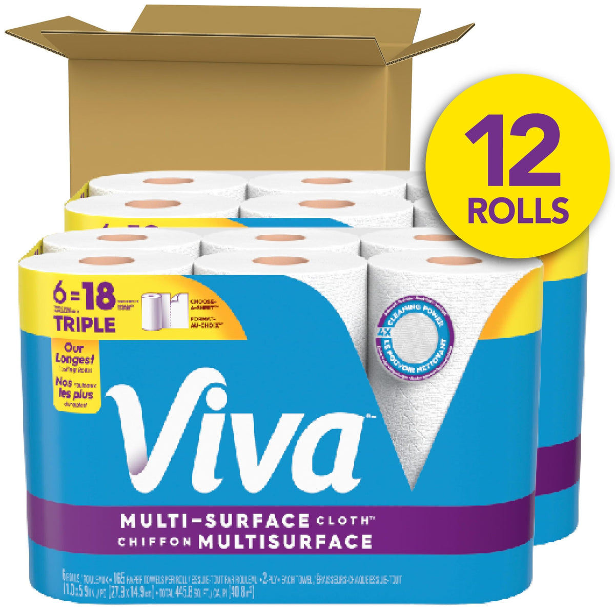 Multi-Surface Cloth Paper Towels by Viva – 12 Rolls (165 Sheets each), Paper, White, Pack of 12, Model 55892