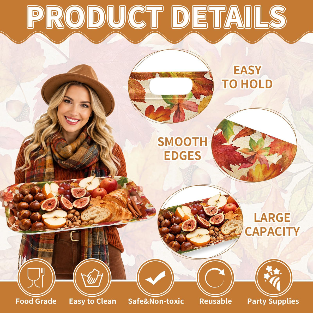 Greencian Fall Serving Tray Set, 16.1 x 11.1 Inches, Maple Leaf Pattern