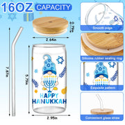 Layhit Hanukkah Glass Tumblers, 16 oz with Lids and Straws, Set of 6