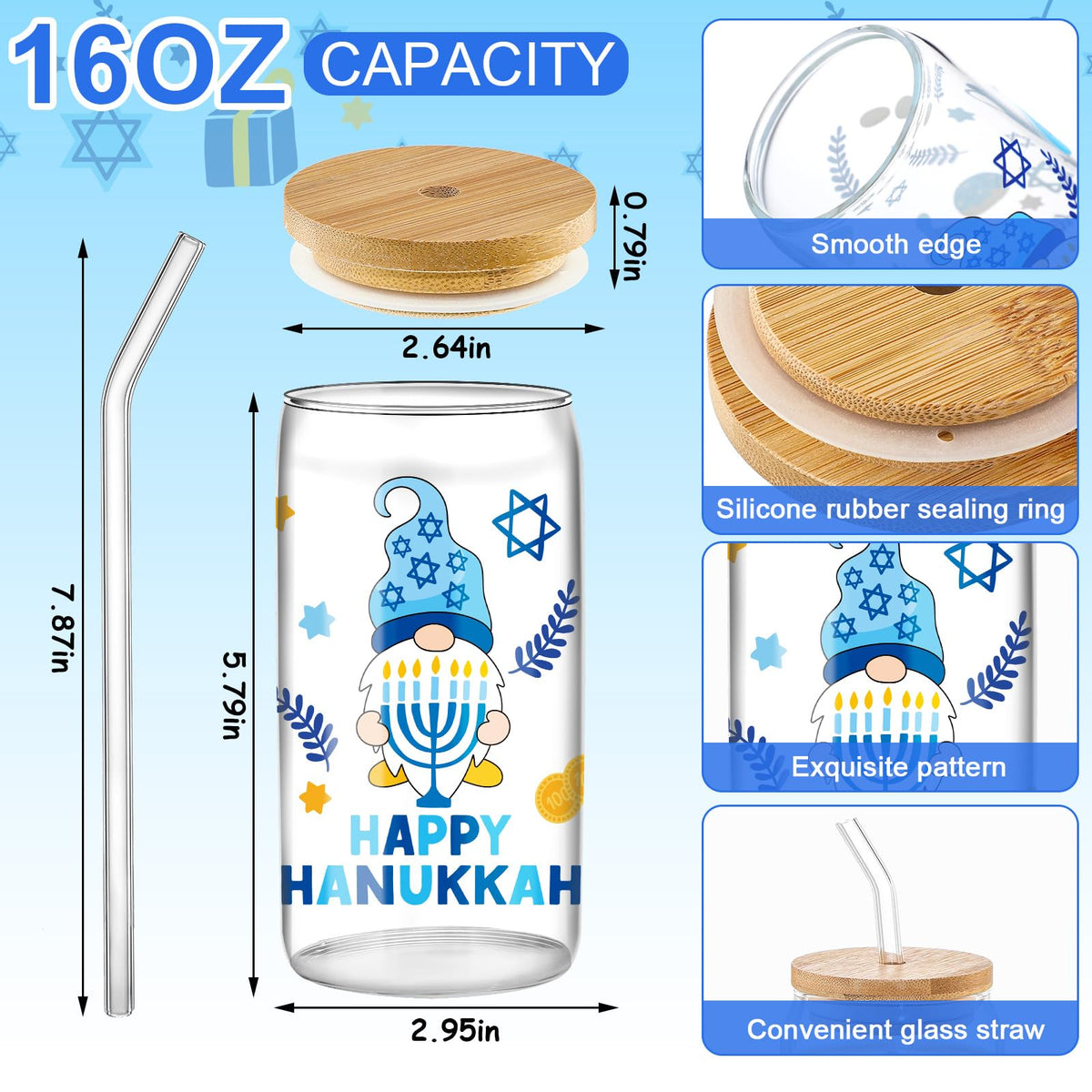 Layhit Hanukkah Glass Tumblers, 16 oz with Lids and Straws, Set of 6