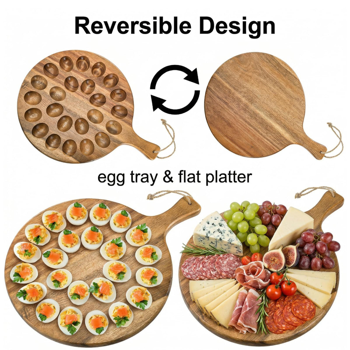 Okllen Acacia Wood Deviled Egg Platter, 24 Holes with Handle, Brown