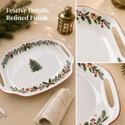 DOWAN Ceramic Serving Platter, 16.5 Inch Rectangular with Handles, White Christmas